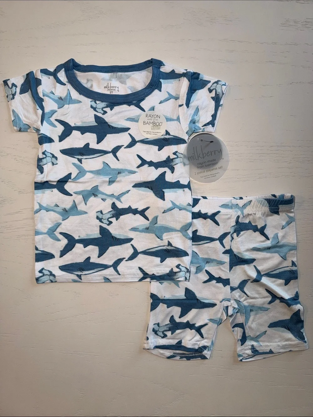 Milkberry Blue Shark Print Shorts Kids Pajama Set 4T 5T